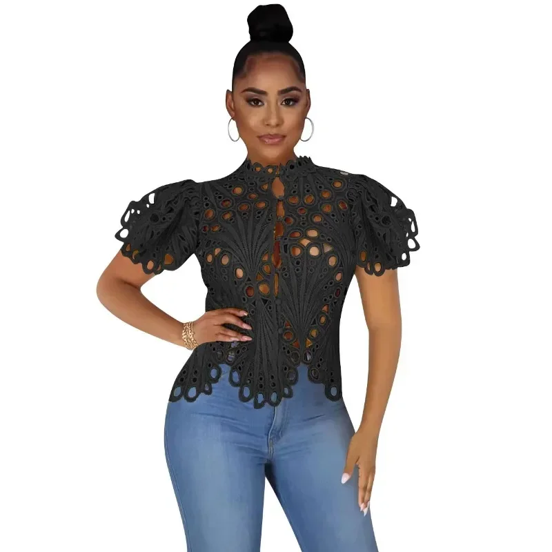 2024 New Elegant Long Sleeve Hollow Out Mesh Lace Shirt Sheer See Through Top Blouse Clothing Dashiki African Shirts For Women