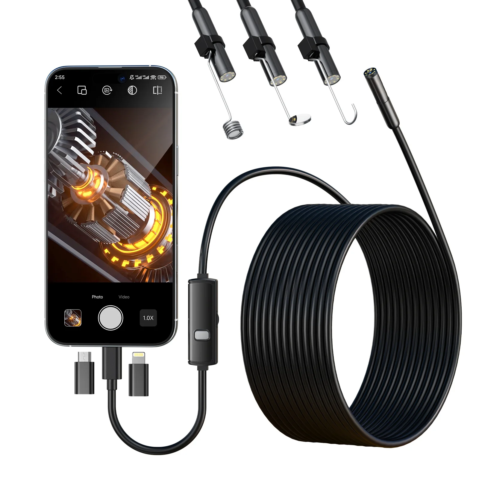 Cámara de Inspección Endoscópica HD 1080P para iPhone y Android Tipo-C, Boroscopio Impermeable IP67 para Motor de Coche, Tuberías de Alcantarillado y Drenaje