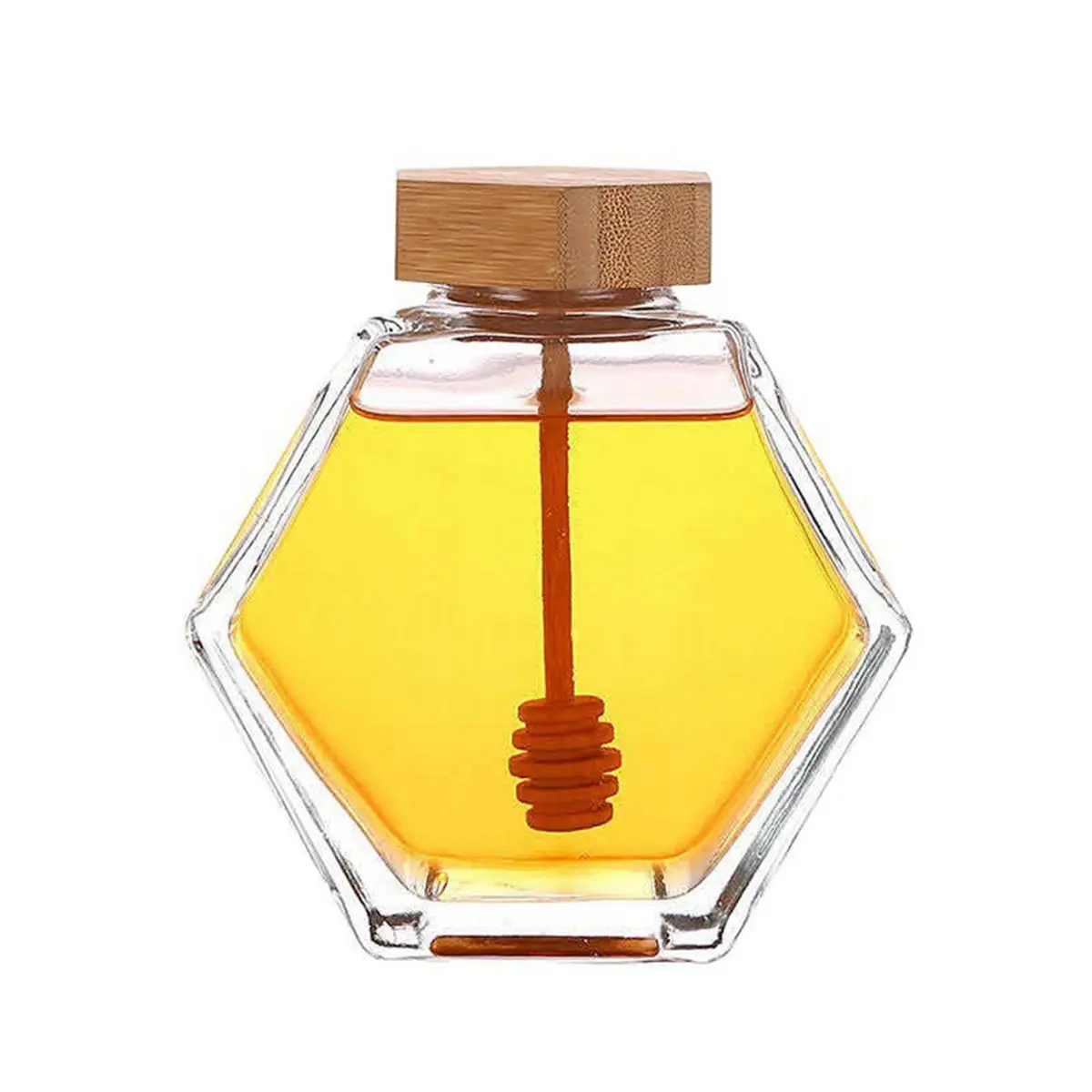 Kitchen Hexagon Glass with Wooden Dipper Transparent Storage Container Dispenser Honey Pot Honey Jar