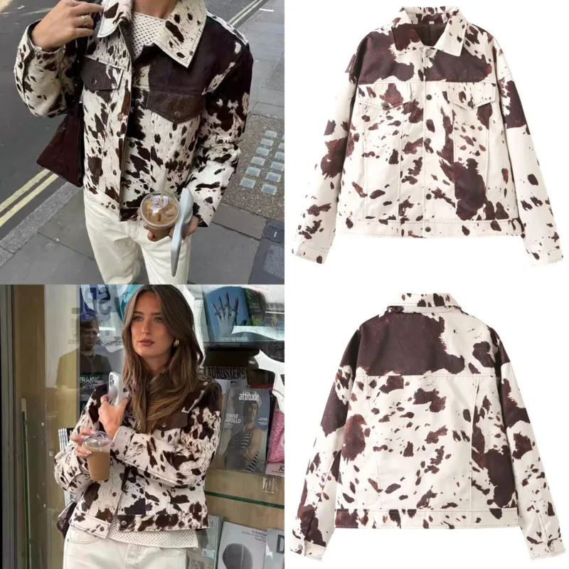 

3D Speckled Printed Jacket European American Women Printed Button Pocket Shirt Jacket Half Open Collar Loose Collar Jacket Top