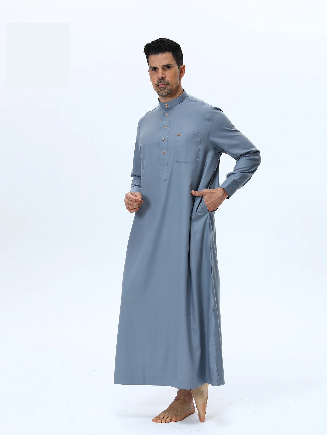 Uomini mediorientali caftano musulmano Thobe Jubba Daffah Dishdasha colletto alla coreana abito Abaya arabo abito sciolto Jalabiya Islam abbigliamento
