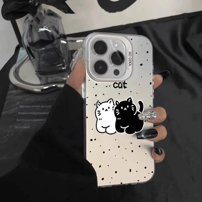 

cartoon cat phone case for iphone 17 pro max 16 15 plus 14 13 11 camera protection shockproof silicone cover for iphone 12 shell