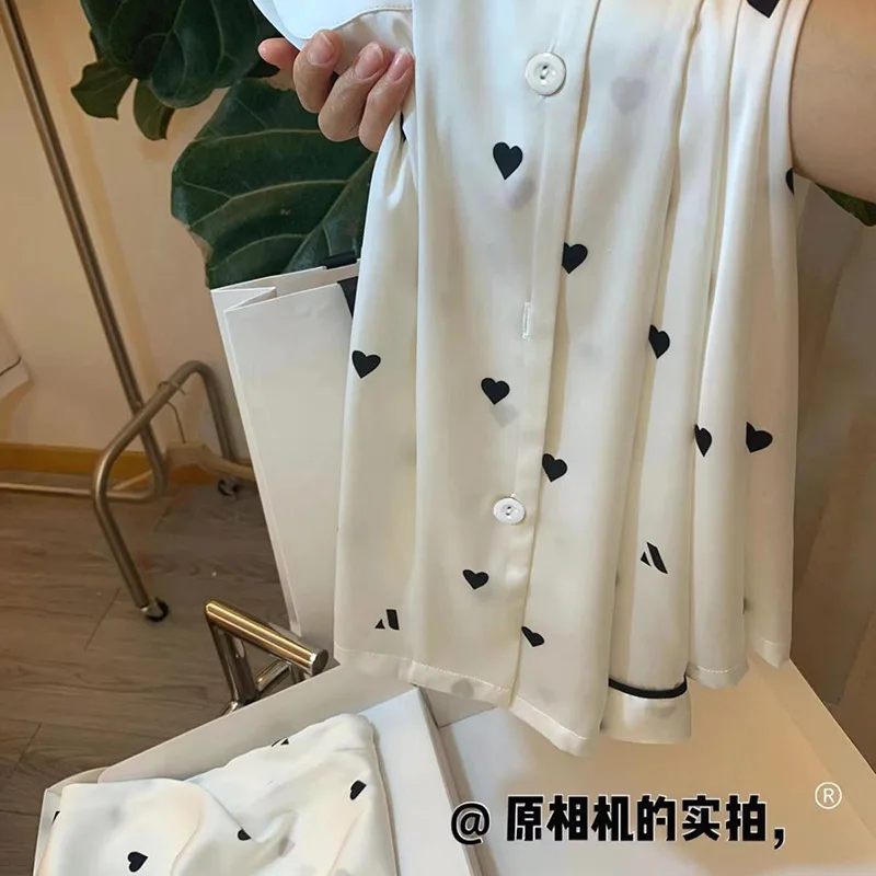 Women Pajamas Sets Summer 2 Piece Heart Print Pyjama Faux Silk Satin Buttons Sleepwear Short Sleeve Pijama Mujer Pjs Homewear