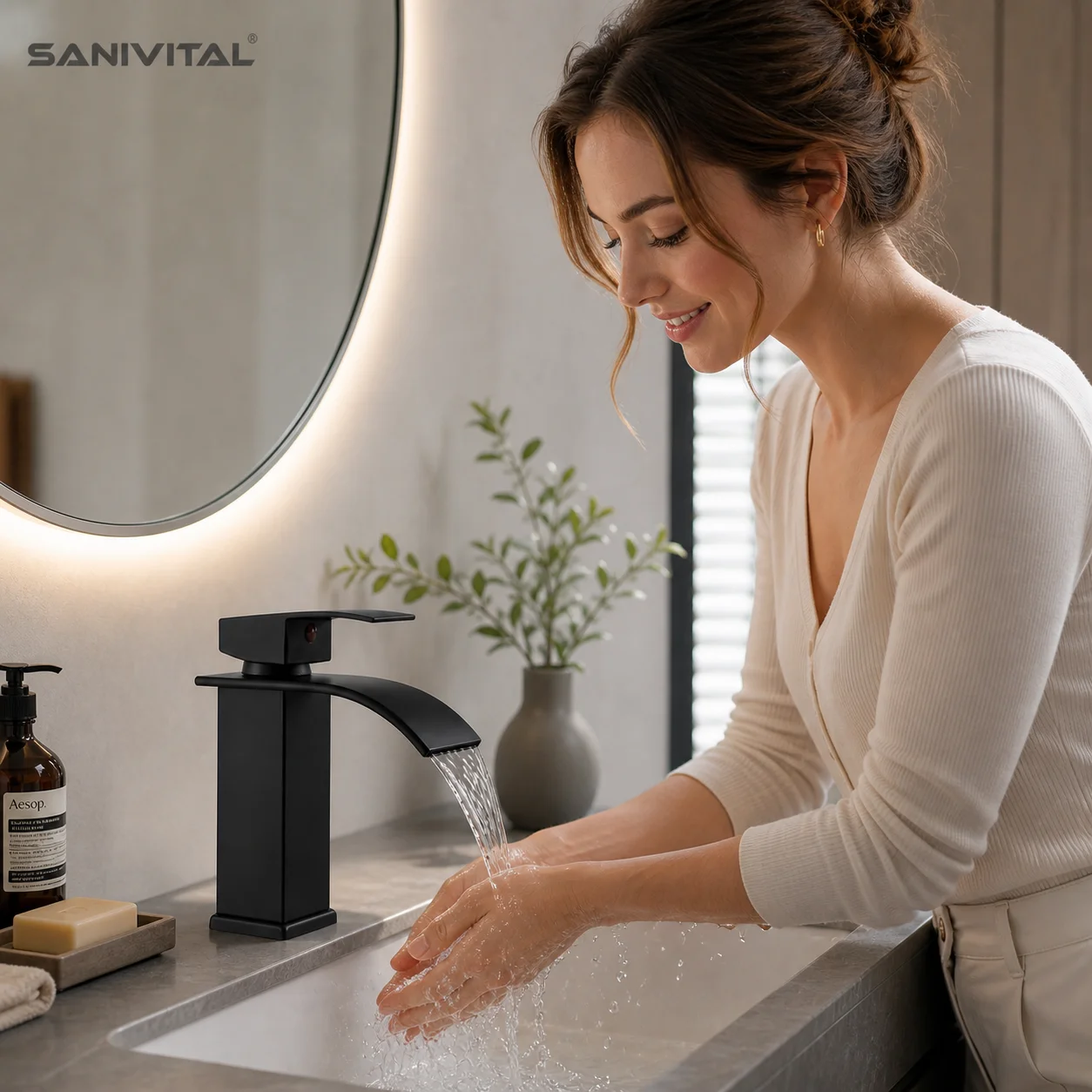 SANIVITAL Basin Faucet Matte Black Waterfall Spout Single Handle Hot Cold Bathroom Sink Mixer Tap Deck Mounted