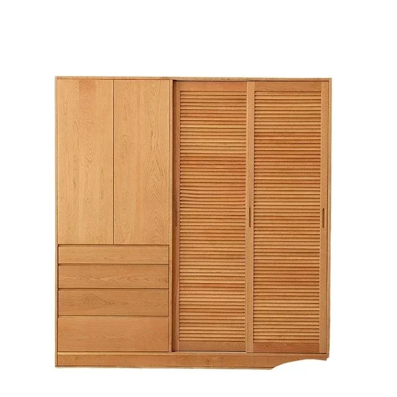 

Japanese solid wood wardrobe cherry wood Nordic log sliding shutter door sliding door locker bedroom large wardrobe simple