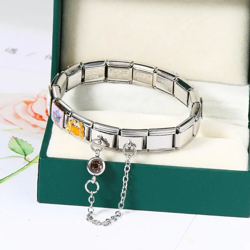 

2025 New Fashion Women Golden 12 Months Birthday Zircon Italian Charms 9mm Link Stainless Steel Accessories Bracelet DIY Jewelry
