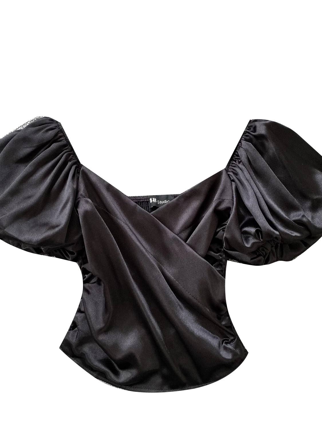 豪華なバブルスリーブクロスネックショートシルクレディースシャツ韓国スタイルルーズフィット夏ファッショナブルなトップス小柄な女の子向け