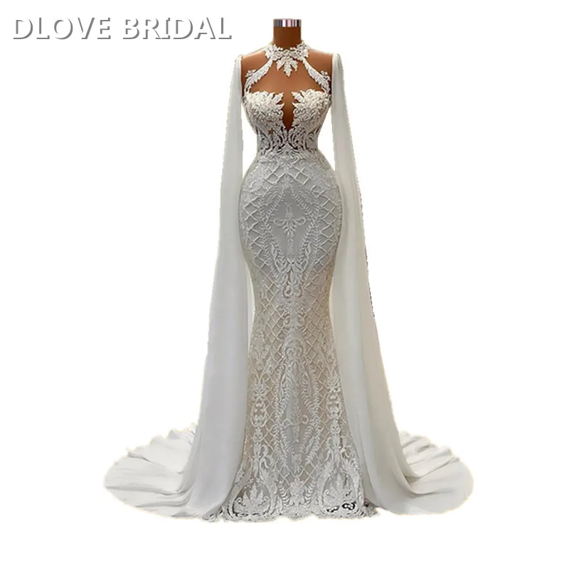 

Elegant Beaded Lace Bridal Wedding Dress with Detachable Cape Robe Wings High Neck Bridal Gowns Factory Real Photos