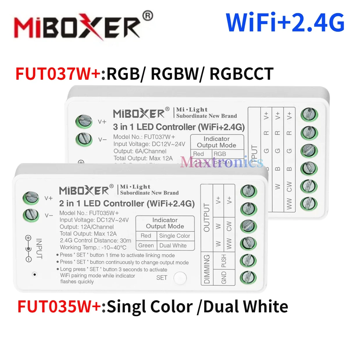 

Miboxer FUT035W + 2 в 1 FUT037W + 3 в 1 умный контроллер Tuya WiFi + 2,4 GHzRF для одноцветной/двухцветной RGB RGBW RGBCCT светодиодная полоса