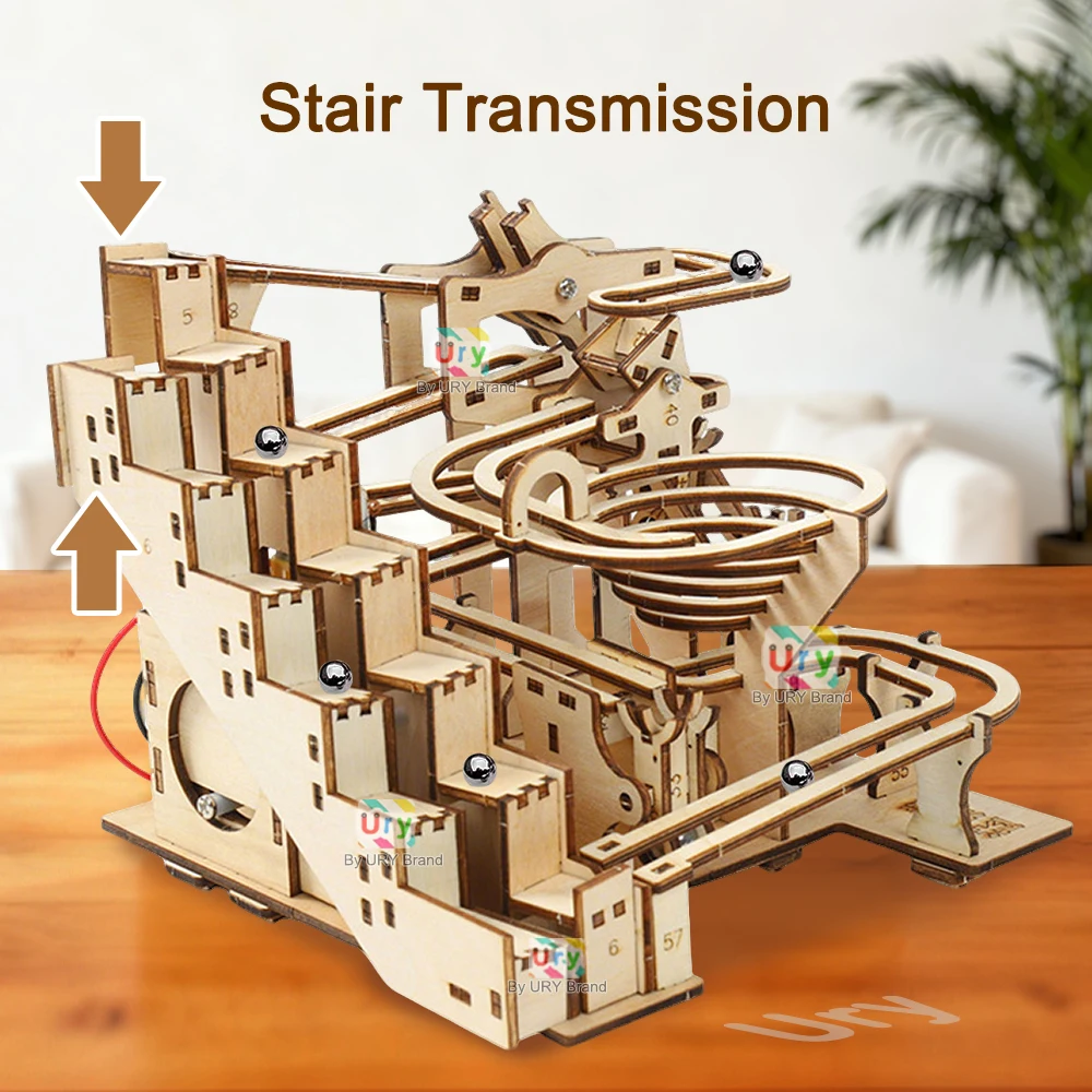 Ury 3D Wooden Puzzles Electric Staircase Track Device Marble Run Set Mechanical Model Science Maze 6 Balls Assembly Gift for Kid