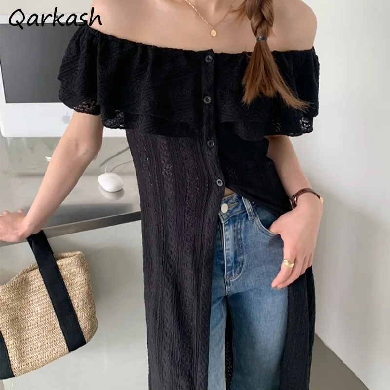 Slash Neck Shirts Women Thin Mid-length Defined Waist Slim Spring Summer Tops Sun-proof Design Chic Hot Female Outerwear Elegant