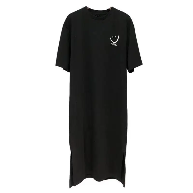 Lazy Style Print Loose Youth T Shirt Dress Summer Short Sleeve Slit Hem Street Casual Midi Dress Fashion Korean Women Clothing