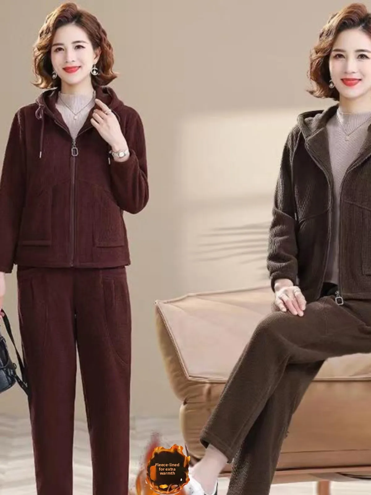 Conjunto Deportivo de Pana para Mujer, Otoño-Invierno, Forrado con Felpa, Informal, de Dos Piezas, Sudadera con Capucha de Manga Larga y Pantalones, Ropa Moderna para Mamá