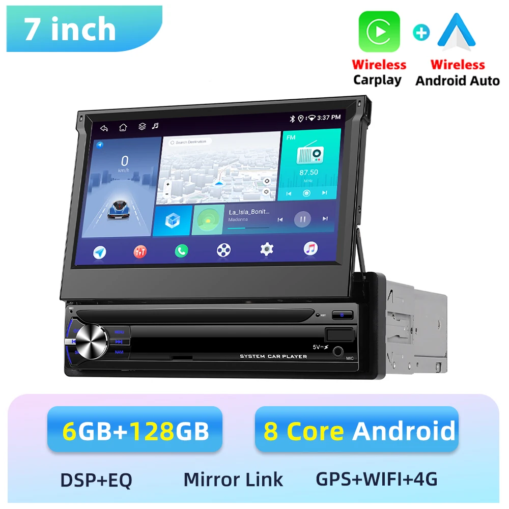 Podofo 1 Din Carplay 6+128G Intelligent Autosysteem Draadloos Android Auto Carplay 7'' Auto Multimedia Speler GPS Wifi 4G BT USB