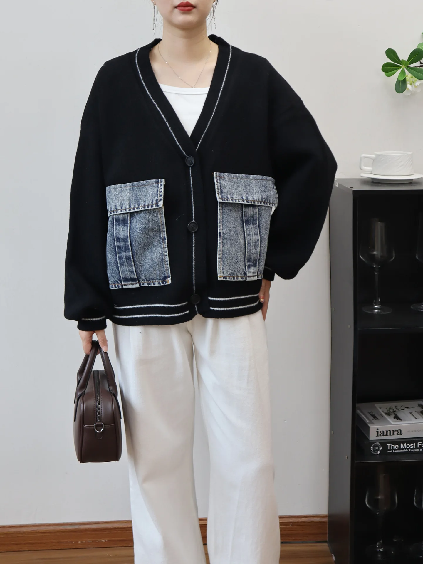 Women Blends Short Coats Casual Wool Jackets Denim Pocket Patchwork Long Sleeves Zipper Loose Office Lady Elegant 2025 Autumn - Image 6