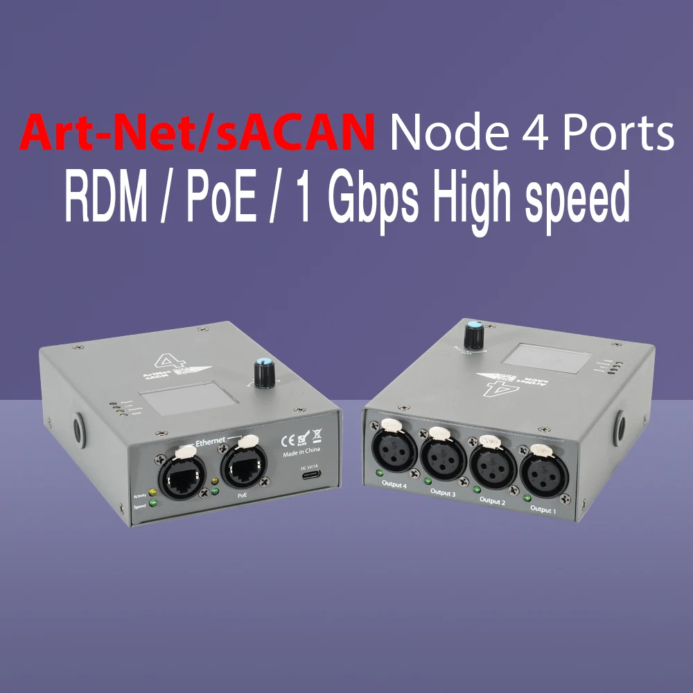 Art-Net sACN Node 4 Ports Ethernet-DMX 2048 channels High speed supports RDM PoE for Concerts, Clubs, DJ, theater, studio
