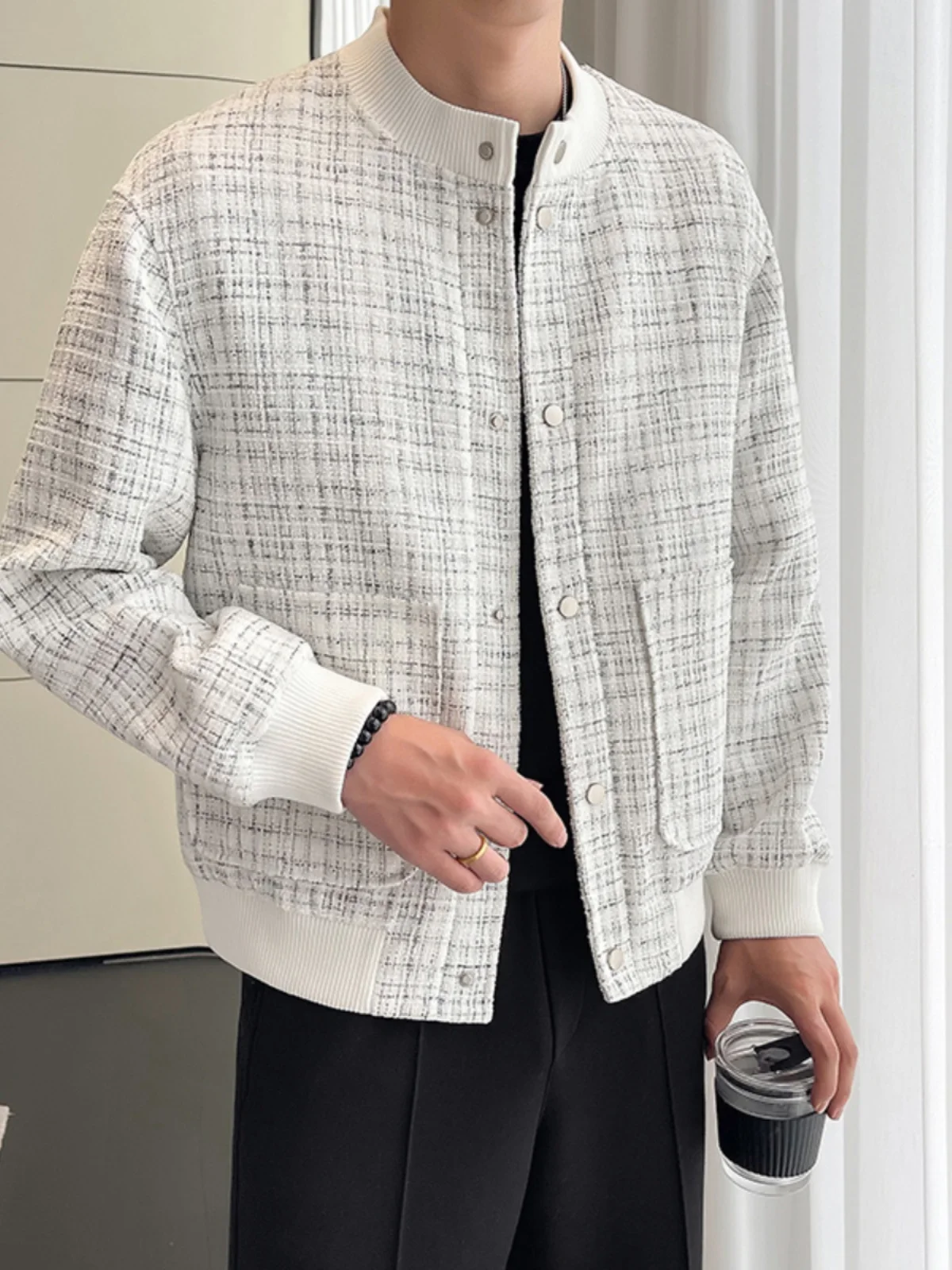 

Винтажная мужская бейсбольная куртка в стиле преппи, осеннее модное повседневное пальто с узором «гусиная лапка», уютная теплая верхняя одежда с длинными рукавами