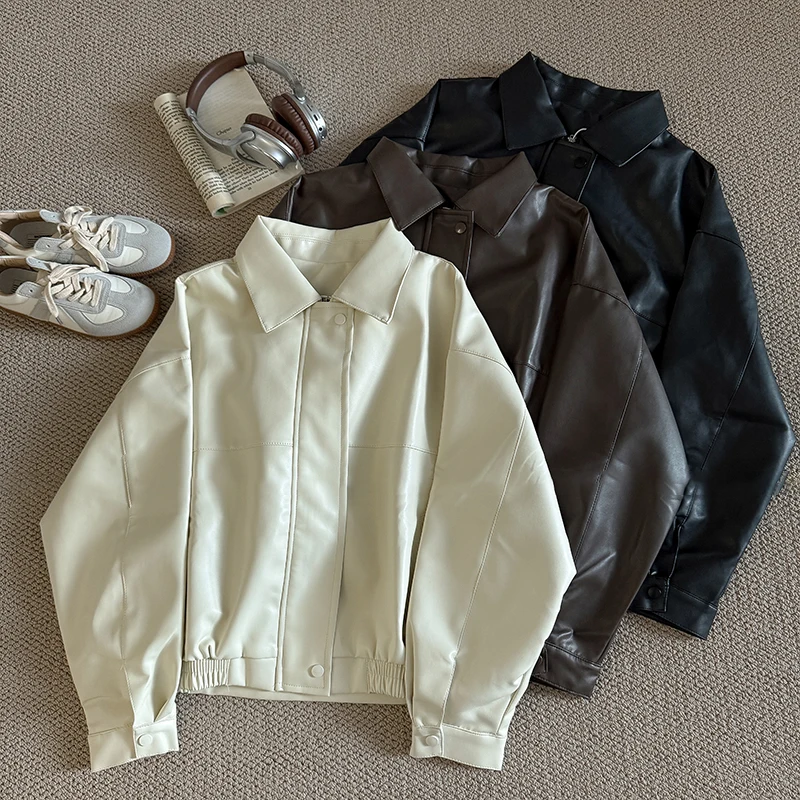 패션 여성 가죽 자켓 레트로 턴 돈 칼라 지퍼 루즈 탑 가을/겨울 방풍 오토바이 소프트 PU 겉옷