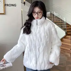 Natural Rabbit Fur Coat Women Winter Real Fur Jacket Luxury Thick Warm Zipper Furry Coats Female Outwears With Black Color