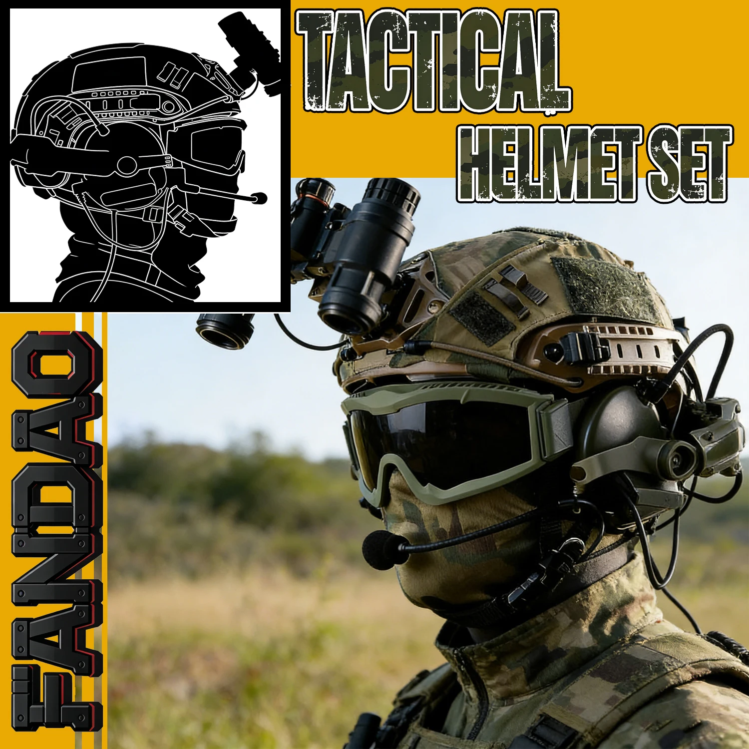 Tactical Helmet Set with Headset,Adjustable Helmet with Helmet Cover and Fcae Mask for Cosplay Military Tactical Airsoft Gear