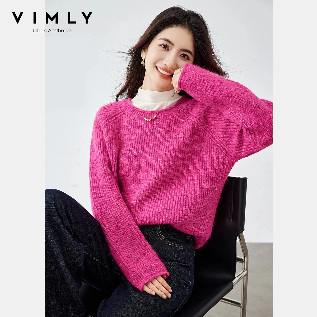 

VIMLY пуловер, вязаный свитер для женщин, осень 202, однотонный, с круглым вырезом, высокая эластичность, свободная посадка, комфортный мягкий офисный женский трикотаж, топ