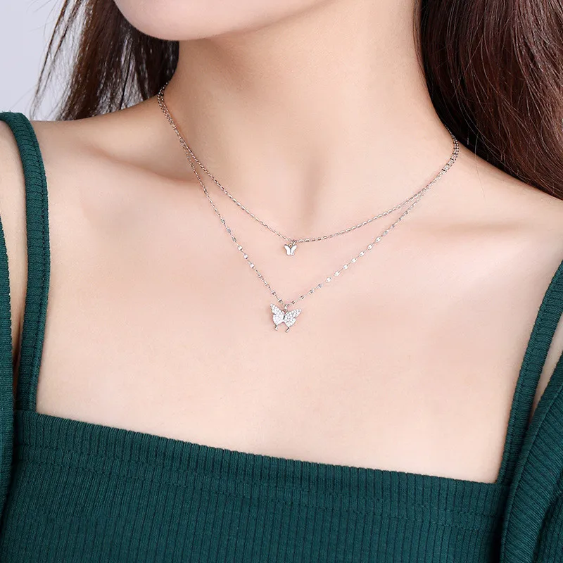 925 Sterling Silver Double Layer Butterfly Necklace for Women INS Small Fresh Shiny Zircon Clavicle Chain Jewelry Accessories