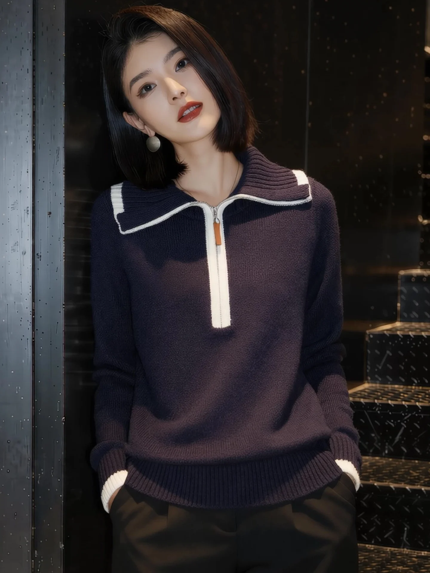 Design Sensation f Zip Color Blo Camere Knitwear Long Sve Women's Faionable Versatile Crew Ne Winter Top