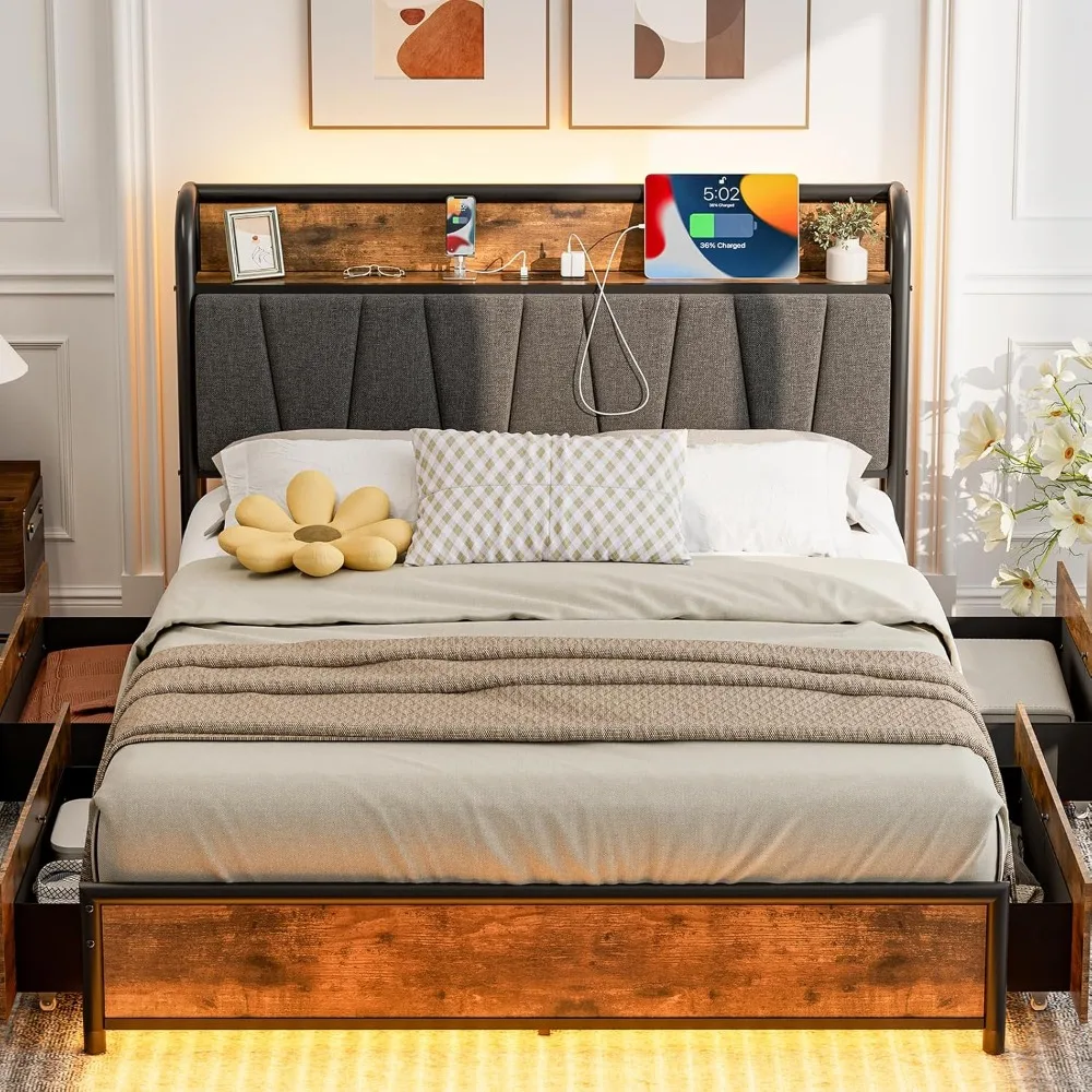 

Queen Size Bed Frame with Headboard and Storage 4 Drawers Platform Bed Frame with Storage Chargin Station LED Light Bed Frame