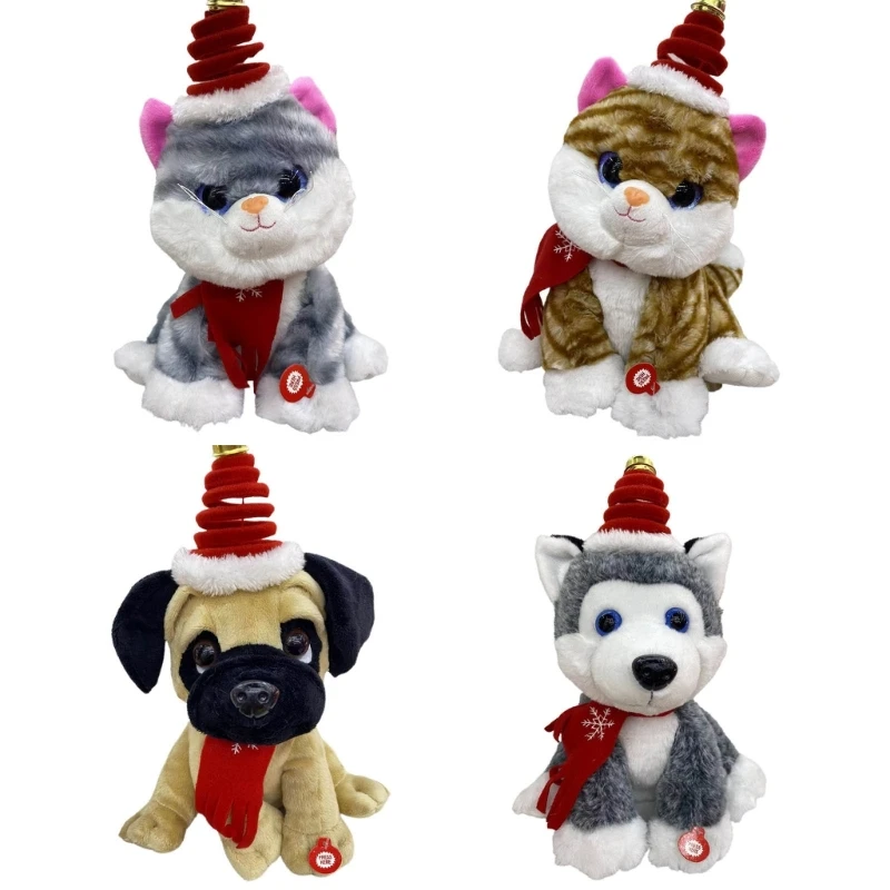 

Plush Stuffed Animal Singing Dancing Christmas Santa Dogs Cats Electric for Doll Toy New Years Gifts for Toddlers 11-inc