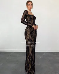Qanz Dubai Black Lace Evening Dresses Slit Mermaid Prom Dresses Long Sleeves Skin Tone Lining Formal Occasion Dresses Customized