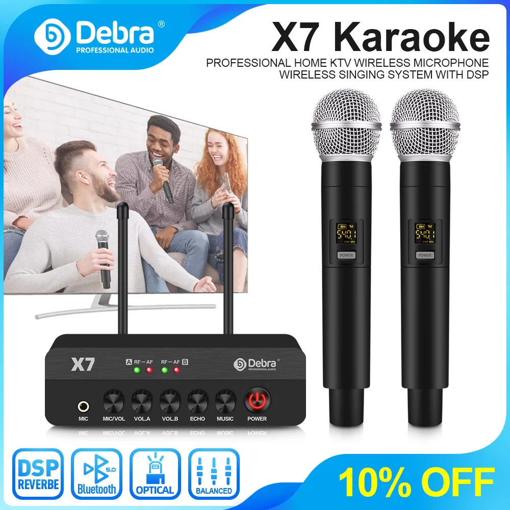 Debra 2 Channel X7 Wireless Microphone System Karaoke 5.0 Bluetooth DSP Reverb, Fiber Optic Interface For Karaoke And Church