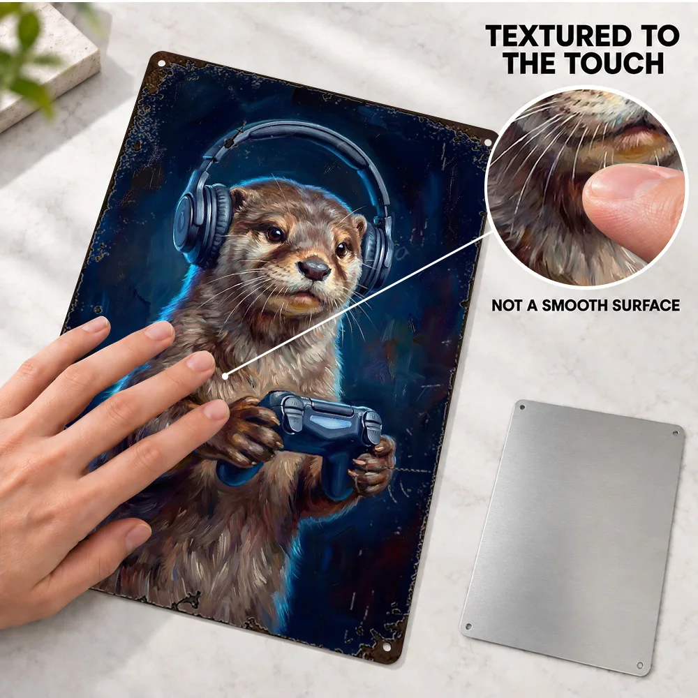 Gamer Otter Textured Metal Poster Customized Aluminum Sign Detailed Cartoon Illustration Wall Art For Bedroom Animal Lover Gift