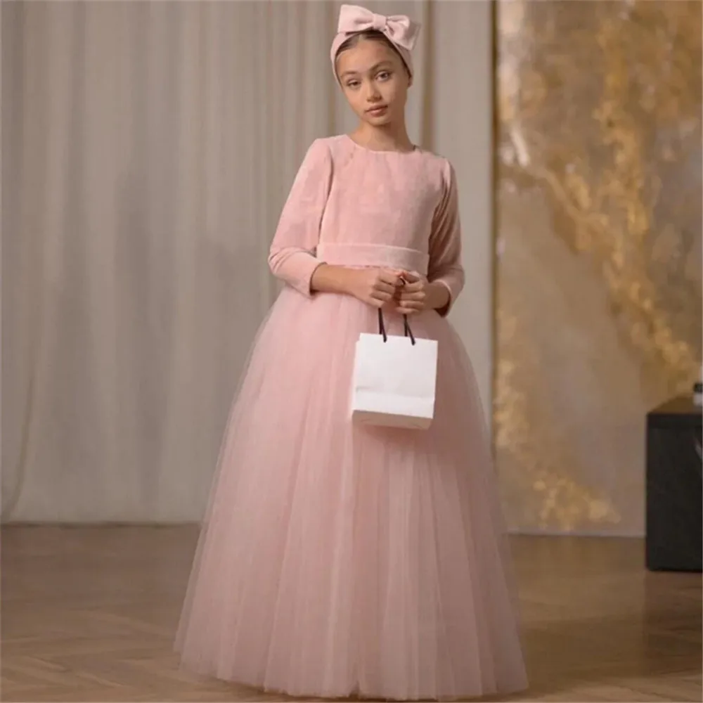 Customized Dusty Pink Flower Girl Dresses For Wedding Velvet 3/4 Sleeves With Bow Elegant Kids Formal Events Birthday Party Gown