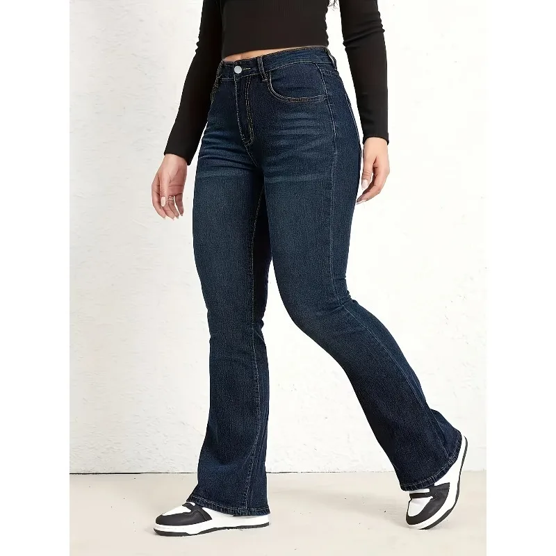 2026 New Women High Waist Stretch Micro Flare Jeans, Retro Cat Whisker Effect Dark Blue Slim Fit Casual Denim Pants