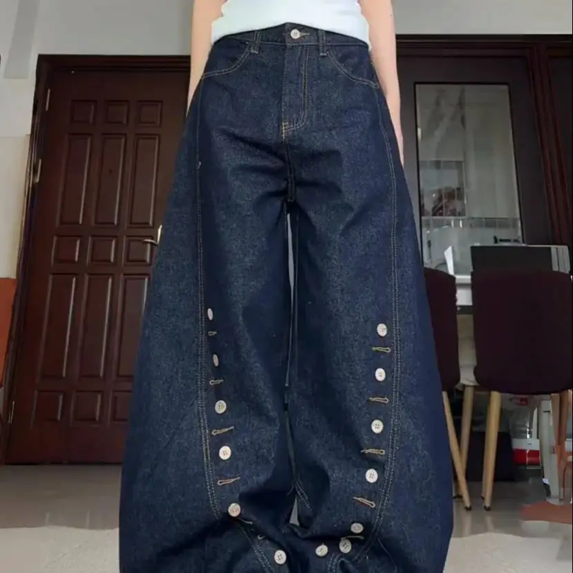 

American Washed Racked Scimitar Jeans Women Spring Autumn New Street Loose Slimming Wide Legs Slim