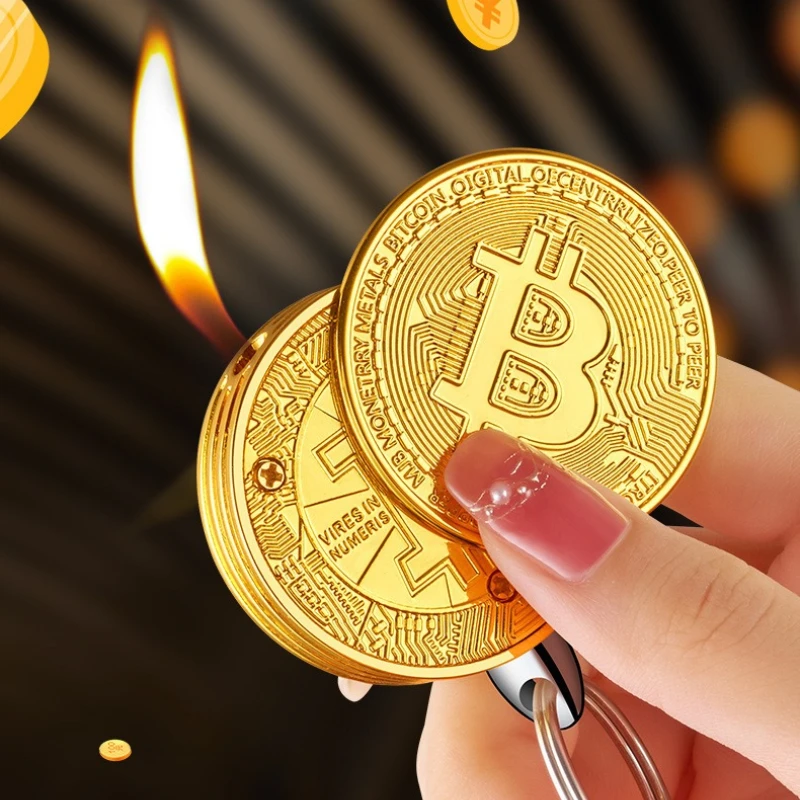 Creative Bitcoin Shaped Torch Lighter with Keychain Refillable Butane Gas Lighters Smoking Cigarette Accessory & Unique Gift