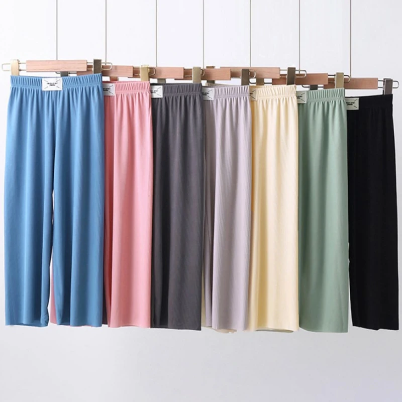 2024 Summer Girls Ice Silk Thin Pants Kids New Casual Solid Trousers Children Clothes Mid Elastic Waist Drawstring Wide Leg Pant