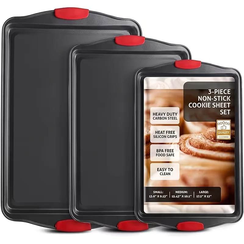 4PCS Non-Stick Baking Dish Set Commercial Grade Restaurant Quality Metal Tray with Red Silicone Handle for Kitchen Baking Cookies Pastries Cooking