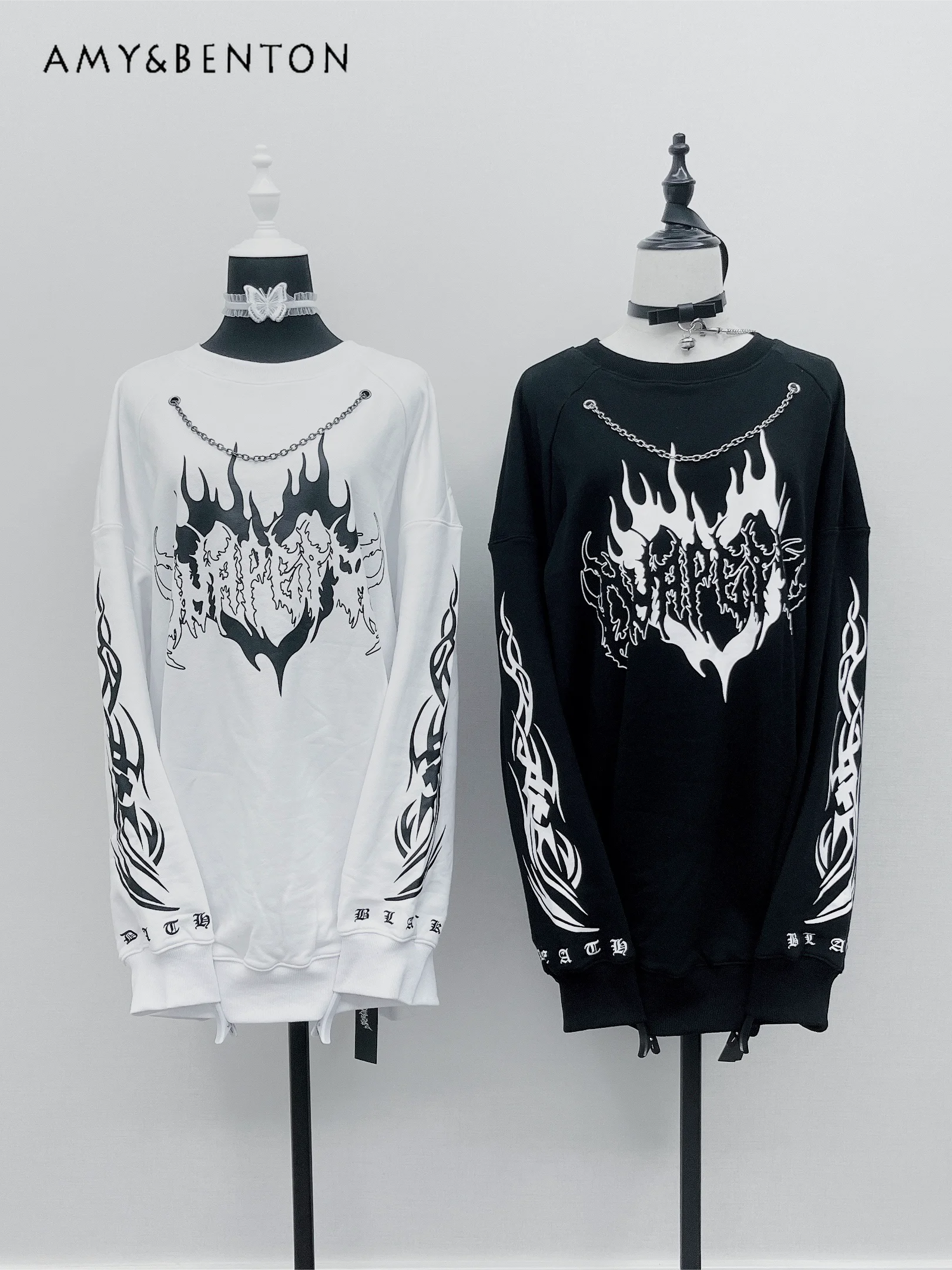 

Autumn New Mine Subculture Love Flame Printing Long Sweatshirt Harajuku Round Neck Long Sleeve Oversized Hoodie Women Gothic Top