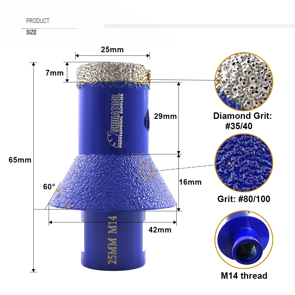 SHDIATOOL 2pcs Dia25mm M14 Diamond Drilling Tile Core Bits Milling Chamfer Ceramic Marble Granite Masonry Grinding Crown Hole