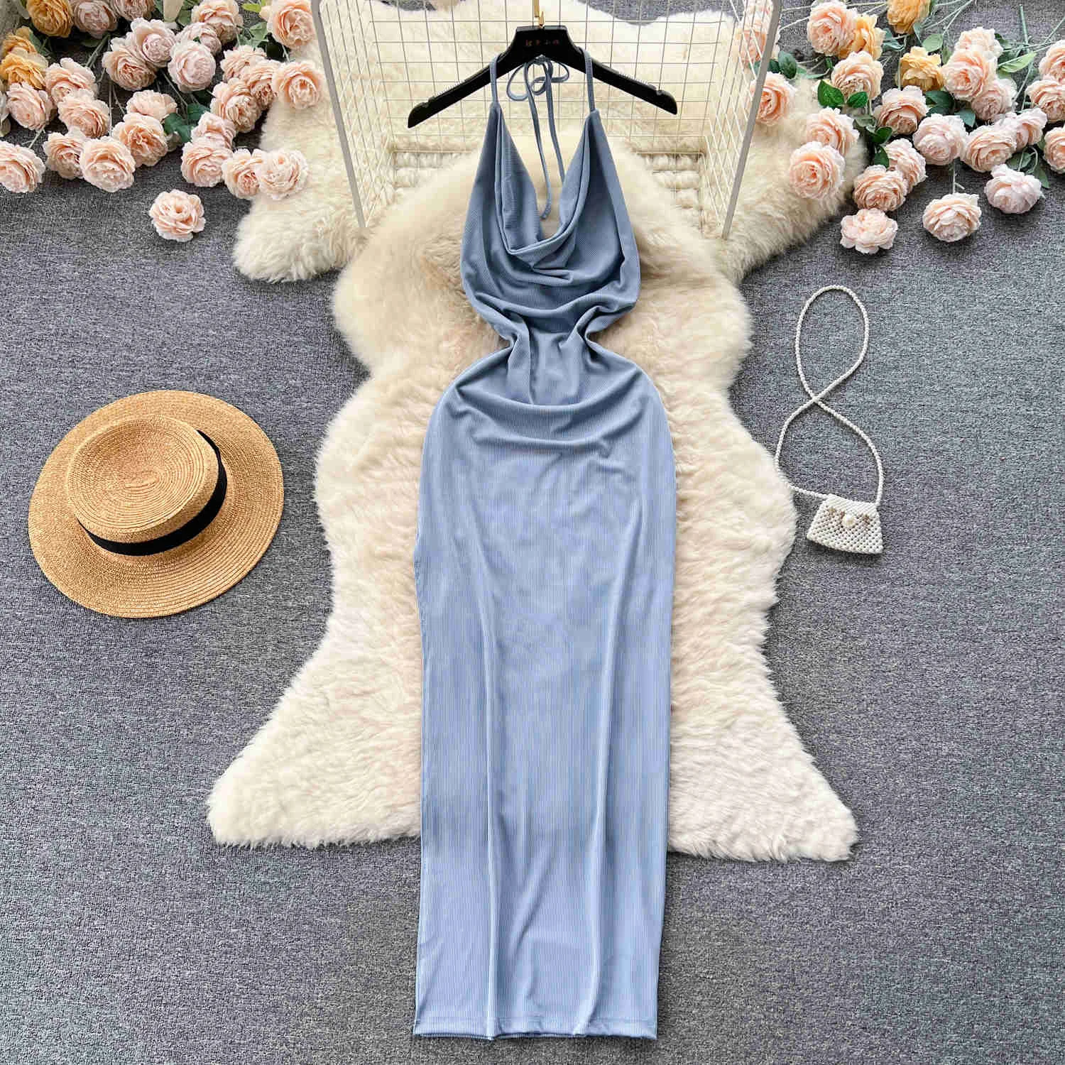 

Summer Sexy Lace Up Halter Swinging Collar Sleeveless Bodycon Long Dress for Women Solid Bandage Open Back Slim Club Party Robe