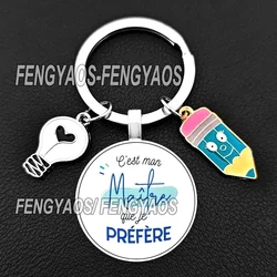 French Merci Maitre Key Chains Gift for Teacher's Day Keychain Glass Cabochon Keyring Graduation Thanks Gifts for Teachers
