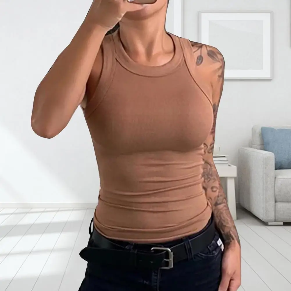 

Women Solid Round Neck Ribbed Tank Top Camisole Women Summer Basic Elastic Tank Top O Neck Solid Tank Top