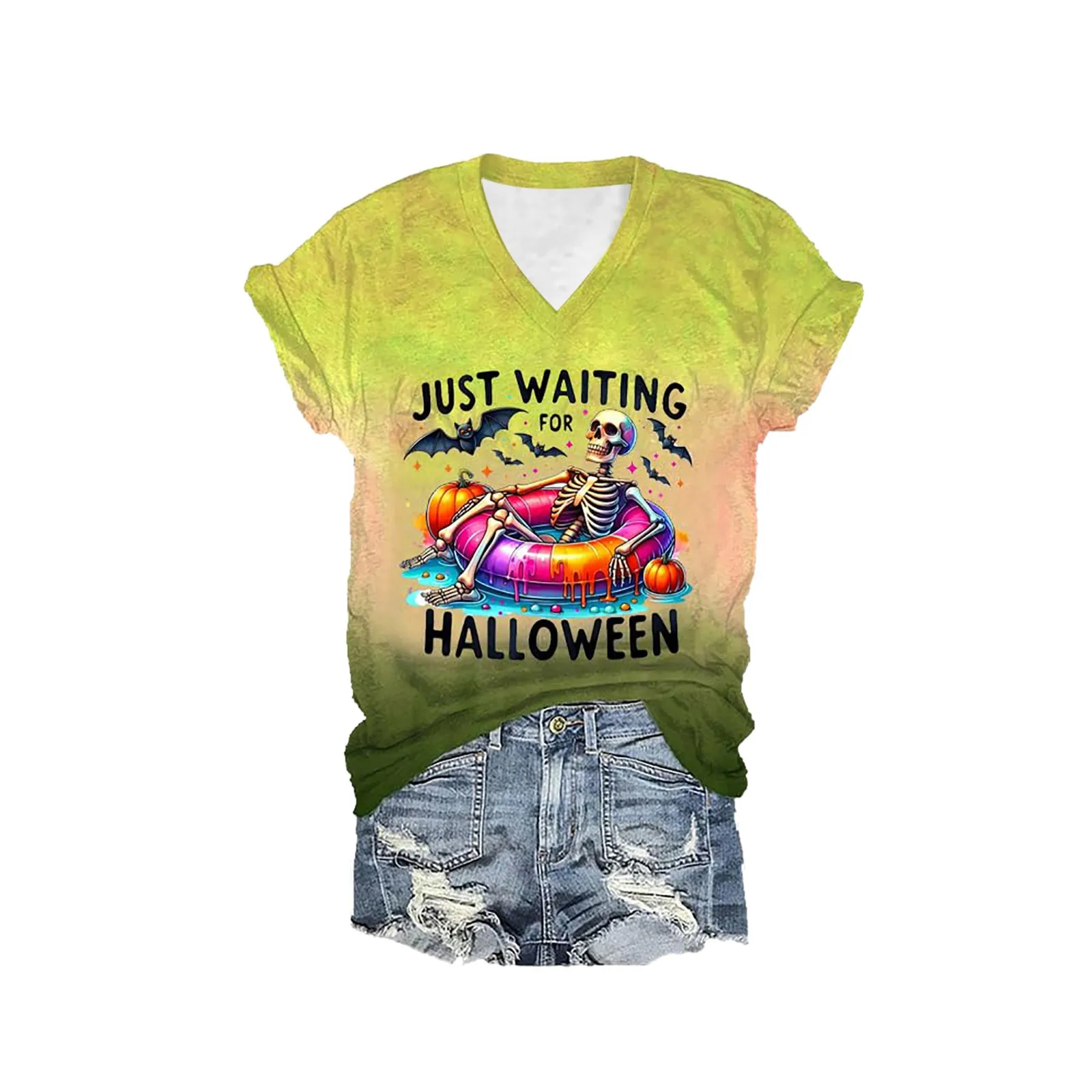 Holiday Party T-Shirt Just Waiting For Halloween Shirt Funny Skeleton Graphic T Shirt V-Neck Short Sleeve Colour Block Tops