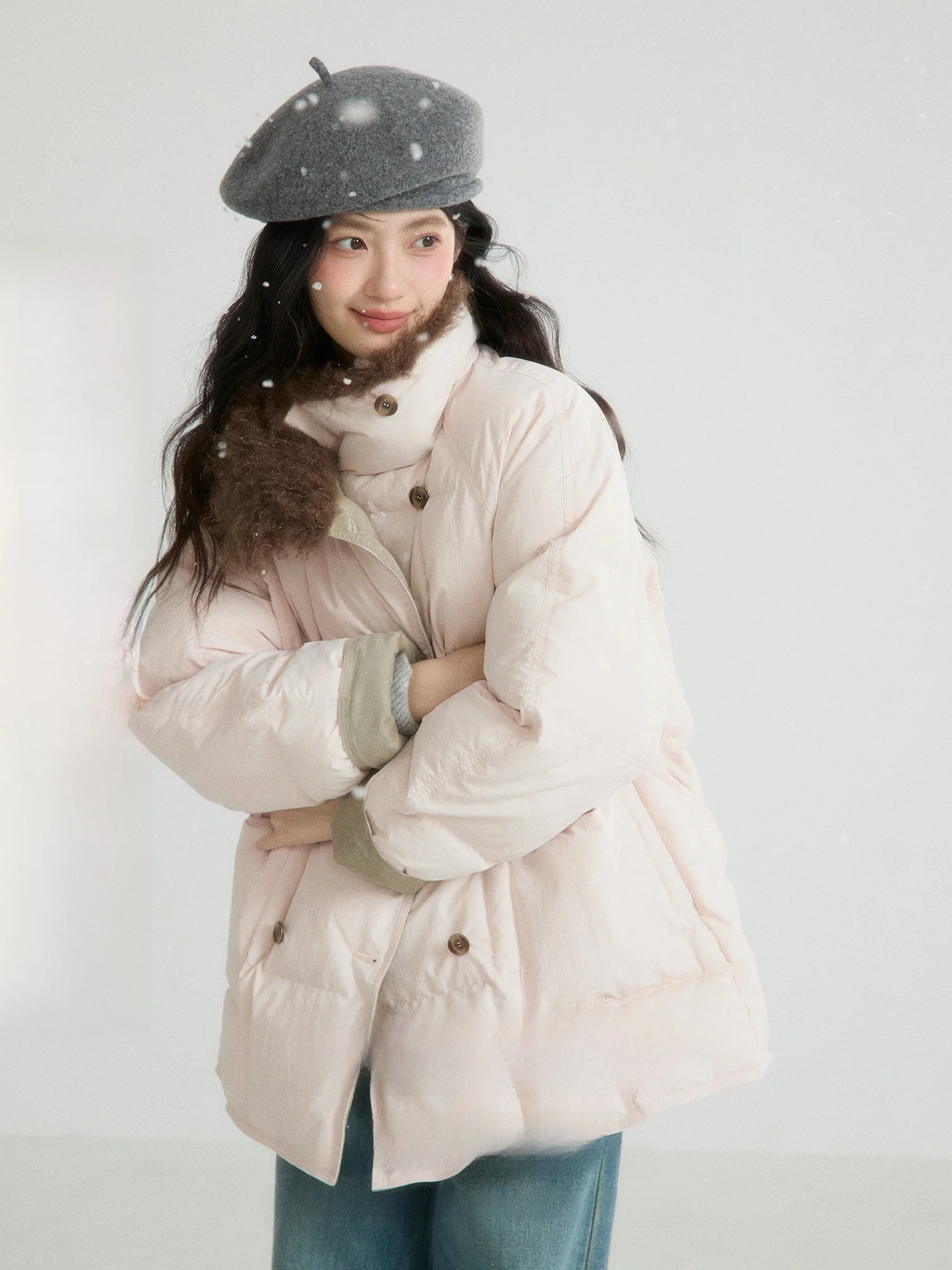 

ORWhite Thiened Loose Fit Stand Collar Double Breasted Winter Cotton Jaet Women's Long Coat Sli Casual Outerwear
