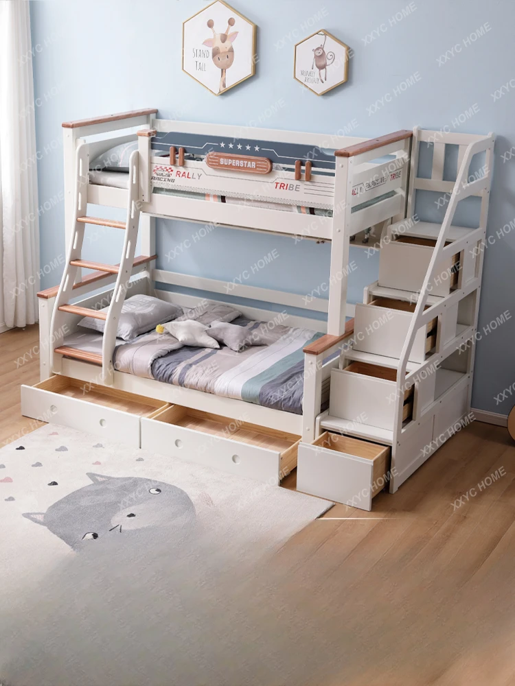 Blue and White Children's Bed Boy Height-Adjustable Bed Small Apartment