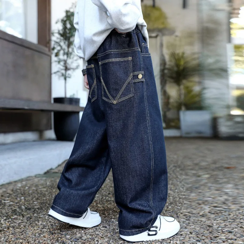 Autumn Children Boys Jeans UNITIM 2026 Teens Handsome Boys Denim Pants Ins Loose Elastic Waist 4-14Yrs Kids Boys Wide Leg Pants