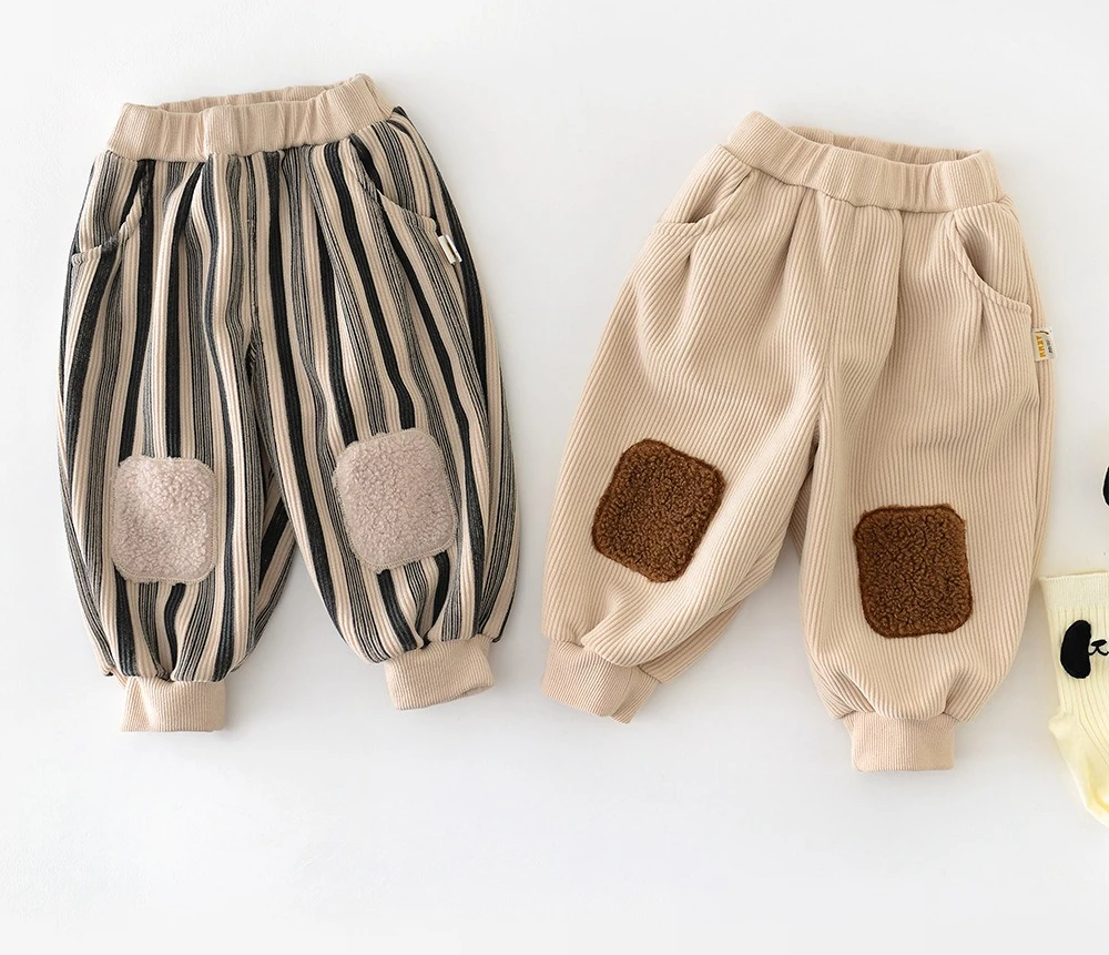 Baby Autumn and Winter Pants Male and Female Baby Korean Version Vertical Stripes Outdoor Childrens Plush Casual Pants
