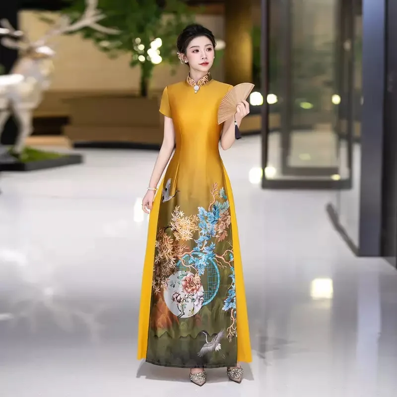 

Women Traditional Vietnam Aodai Cheongsam Oriental Flower Printed Banquet Party Evening Long Dress