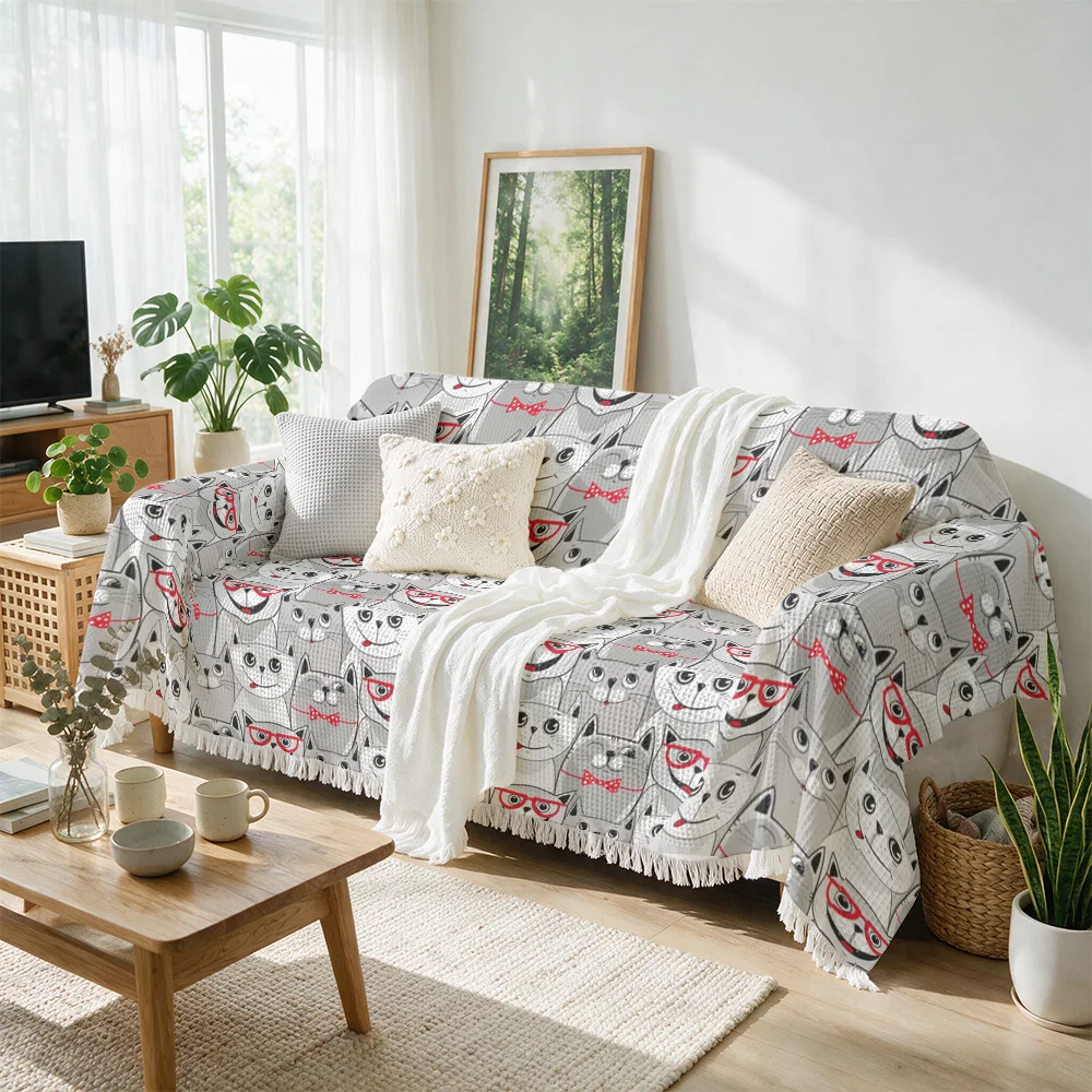 Cute Cartoon Cat Print Throw Blanket for Sofa Couch Home Decor Living Room Cozy Napping Textiles Accent Throw Gift